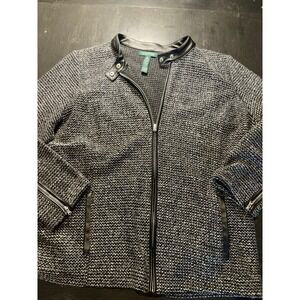 Lauren Ralph Lauren Womens Tweed Moto‎ Jacket Black White Leather Trim Zip Front